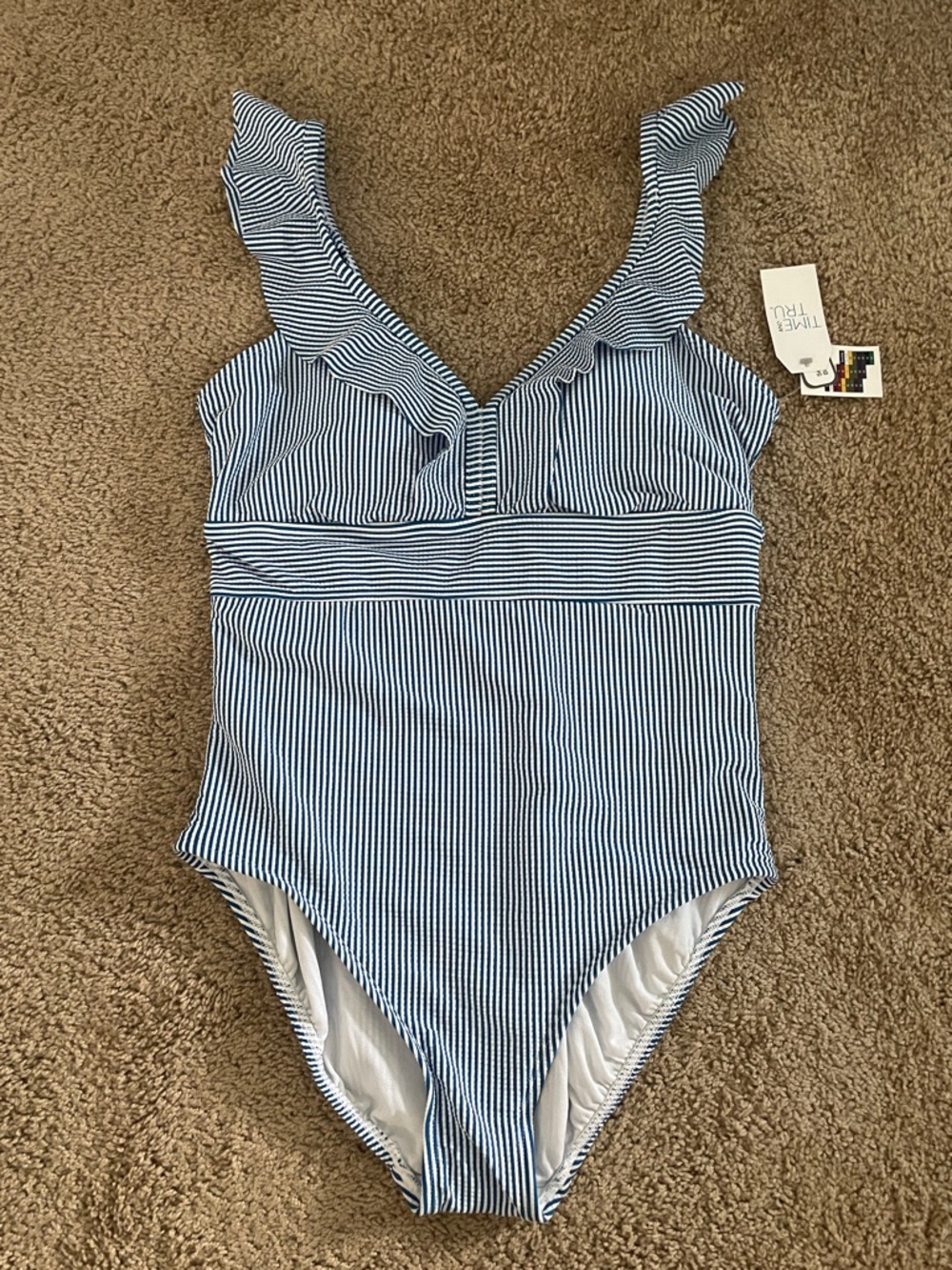 Time and Tru Blue and White Striped Ruffle One-Piece Swimsuit